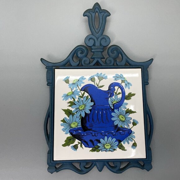 Vintage FM Trivet Cast Metal Ceramic Tile Hot Plate Floral Blue Made in Japan - Picture 2 of 6